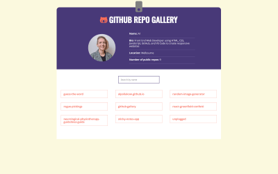 A centered purple identification card above a white section listing repositories