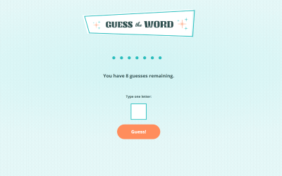 Dots representing a mystery word above an input box and a guess button on a pale blue background