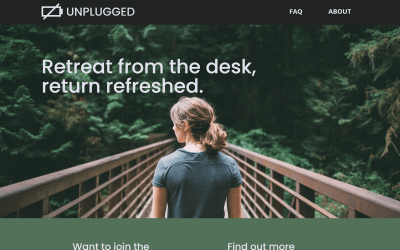 A dark green navigation bar above a photo of a woman on a forest bridge